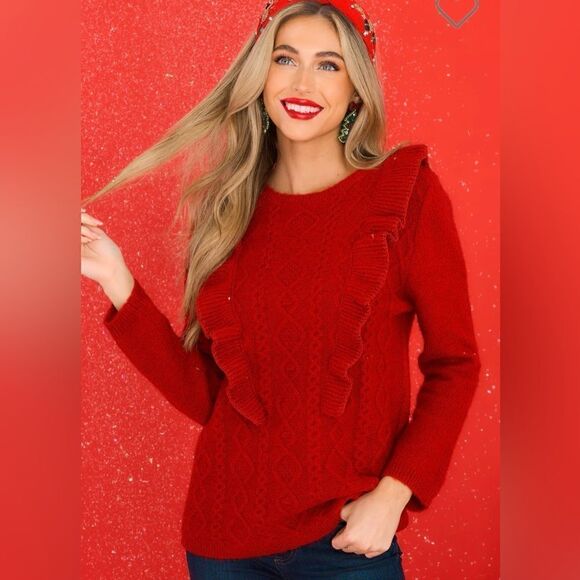See and Be Seen Fire Away Ruby Red Sweater Ruffle Front Metallic Trim M - Picture 1 of 12